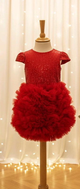 Robe rouge princesse fille à paillettes et jupe bouffante en tulle