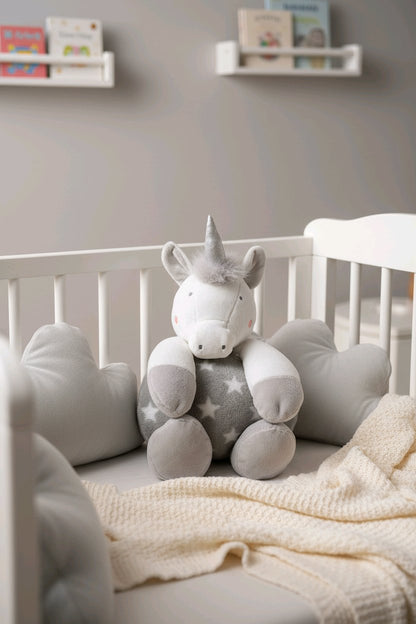 Peluche licorne grise avec plaid