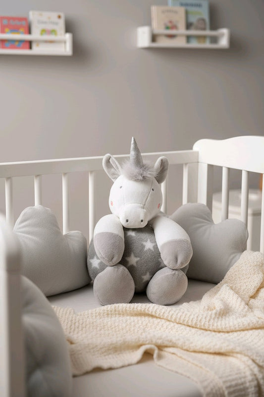 Peluche licorne grise avec plaid