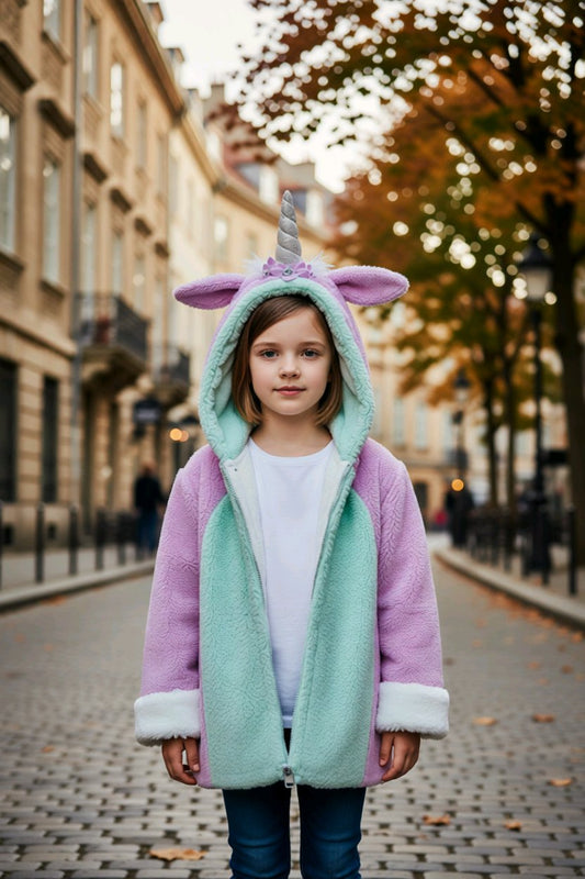 Manteau fille licorne pastel avec capuche et corne magique